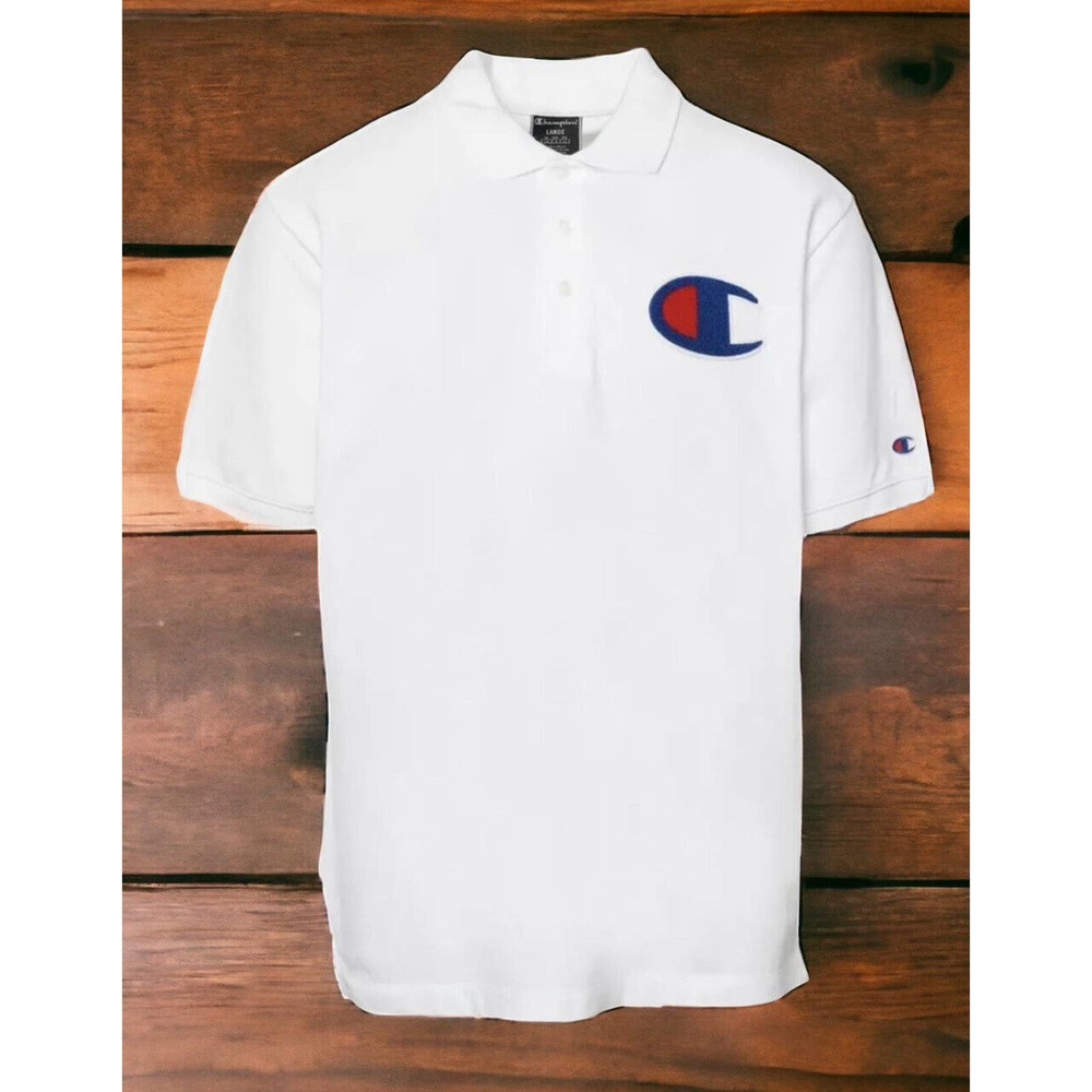 Champion White Chenille Polo Shirt Big C Fuzzy Logo Script School Mens 2XL NEW